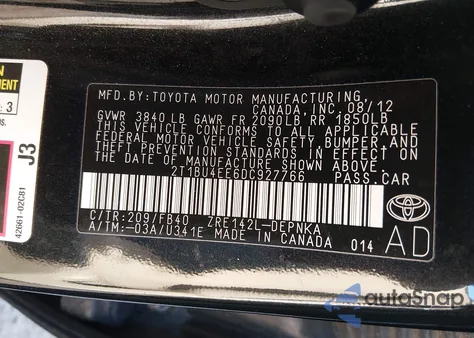 2013 Toyota Corolla Le из США, поврежденный, VIN 2T1BU4EE6DC927766